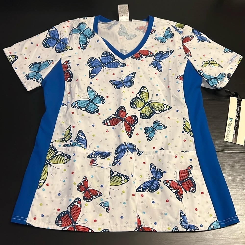 Cherokee‎ Flexibles Butterfly Scrub Top Blue V-Neck Small 1912 BUBR NWT